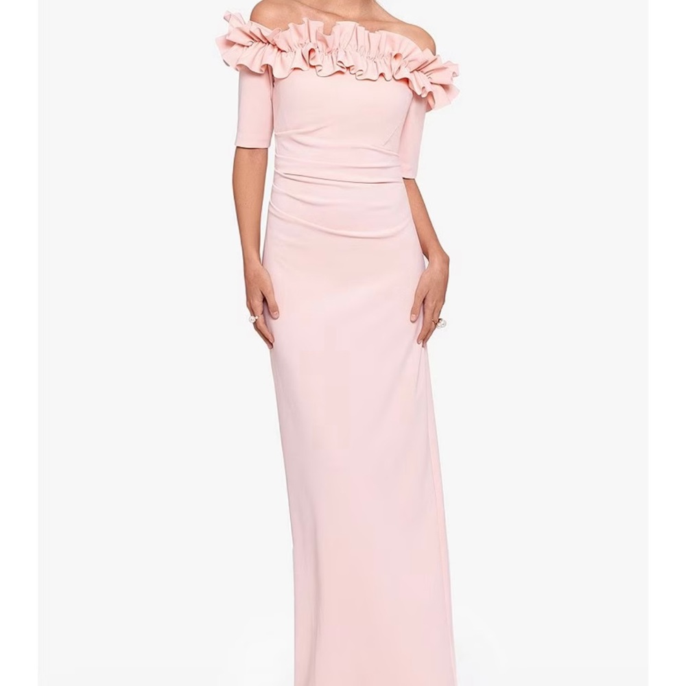 Xscape Pink Ruffle Off-Shoulder Wedding Dress